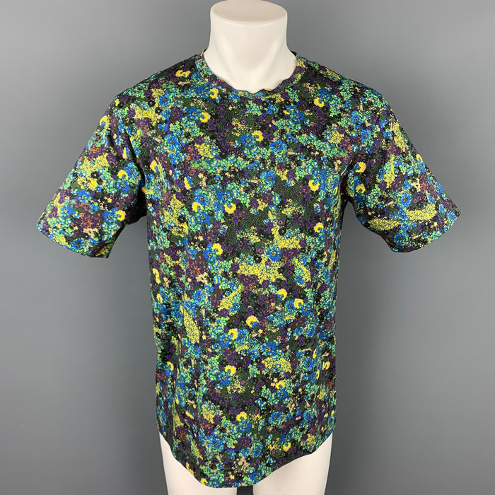 DRIES VAN NOTEN S/S 20 Size L Green & Blue Floral Cotton Crew-Neck T-shirt