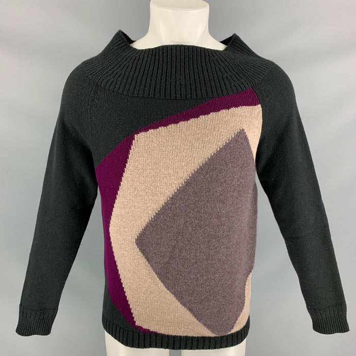 BURBERRY PRORSUM by Christopher Bailey Fall 2012 Size M Multi-Color & Green Geometric Cashmere Pullover Cowl Neck Sweater