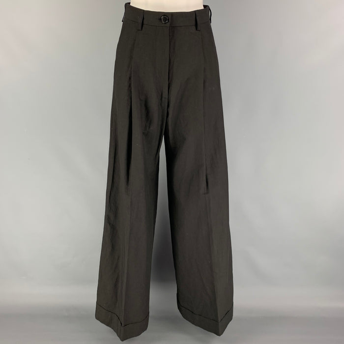 DRIES VAN NOTEN Size 4 Black Cotton Linen Wide Leg Dress Pants