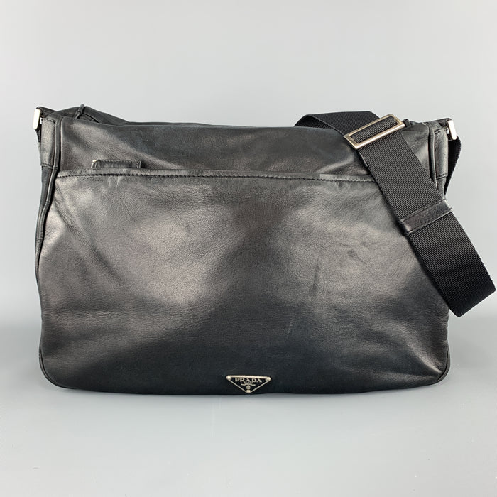 PRADA Black Leather Enamel Logo Crossbody Messenger Bag