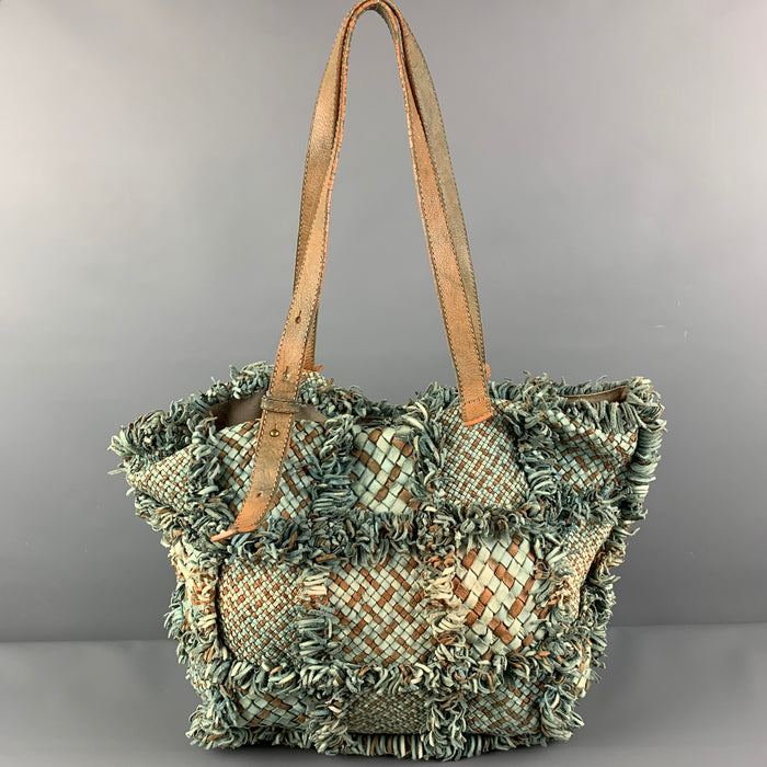 GIORGIO BRATO Green Tan Woven Leather Tote Bag