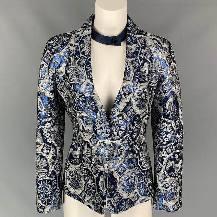 GIORGIO ARMANI Size 2 Blue & Grey Jacquard Acetate Blend Shawl Collar Jacket