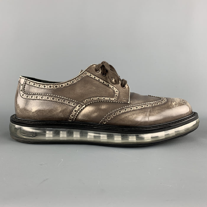 PRADA Levitate Size 10.5 EE Taupe Antique Leather Wingtip Lace Up Shoes