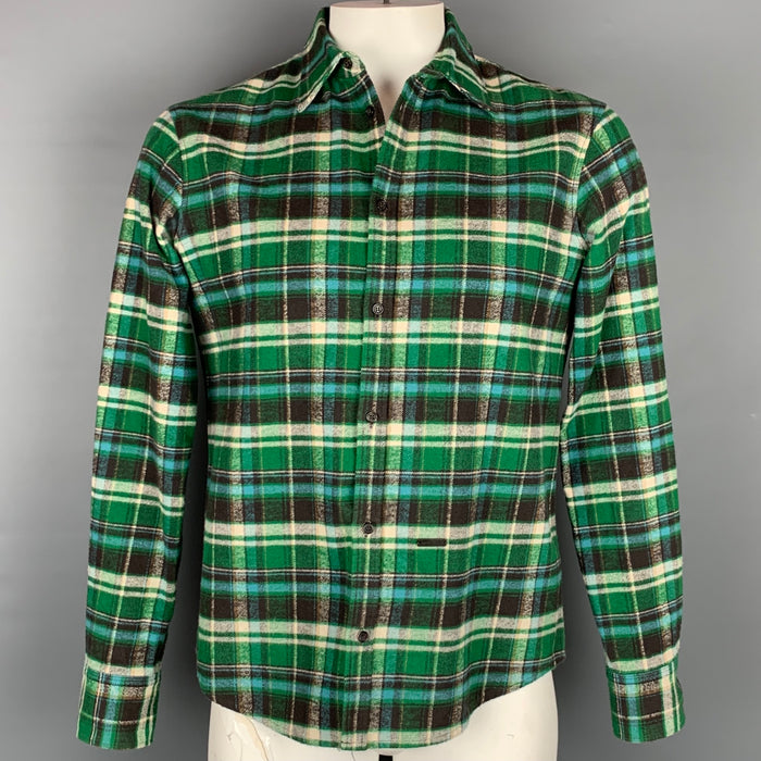 DSQUARED2 Talla XL Camisa de manga larga con botones de algodón a cuadros verde y azul