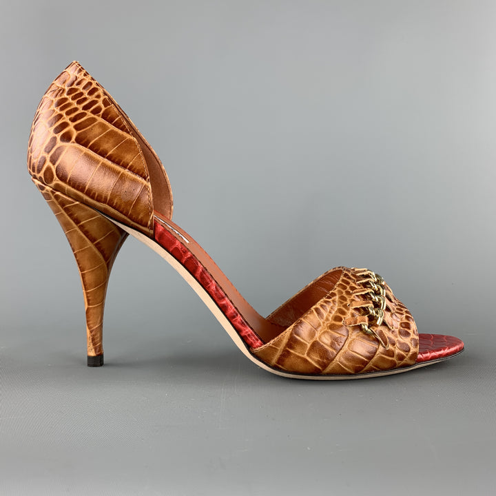 OSCAR DE LA RENTA Size 10 Brown Alligator Embossed Leather Chain Strap D'orsay Pumps
