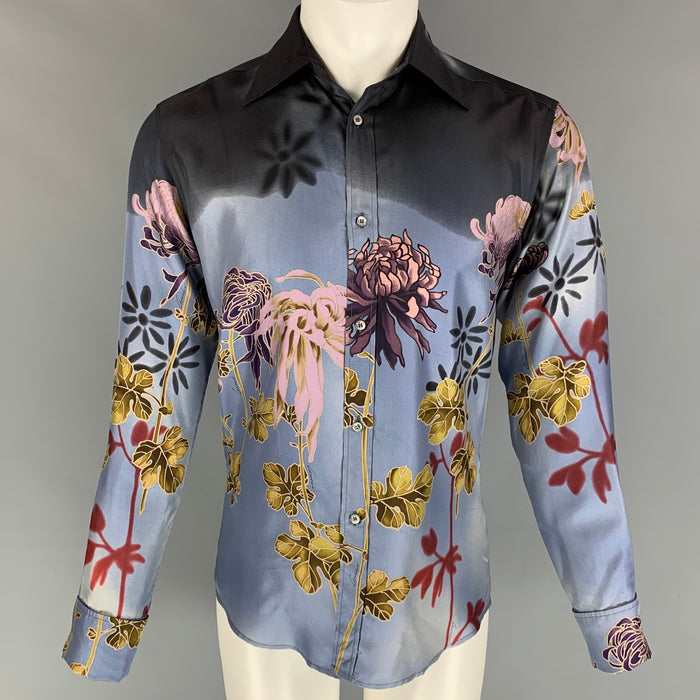 GUCCI by Tom Ford 2003 Size S Blue Floral Silk Button Up Long Sleeve Shirt