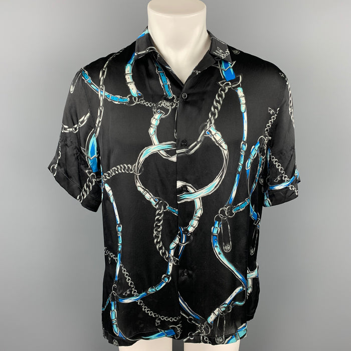 VERSUS by GIANNI VERSACE Size S Black & Blue Print Silk Short Sleeve Shirt