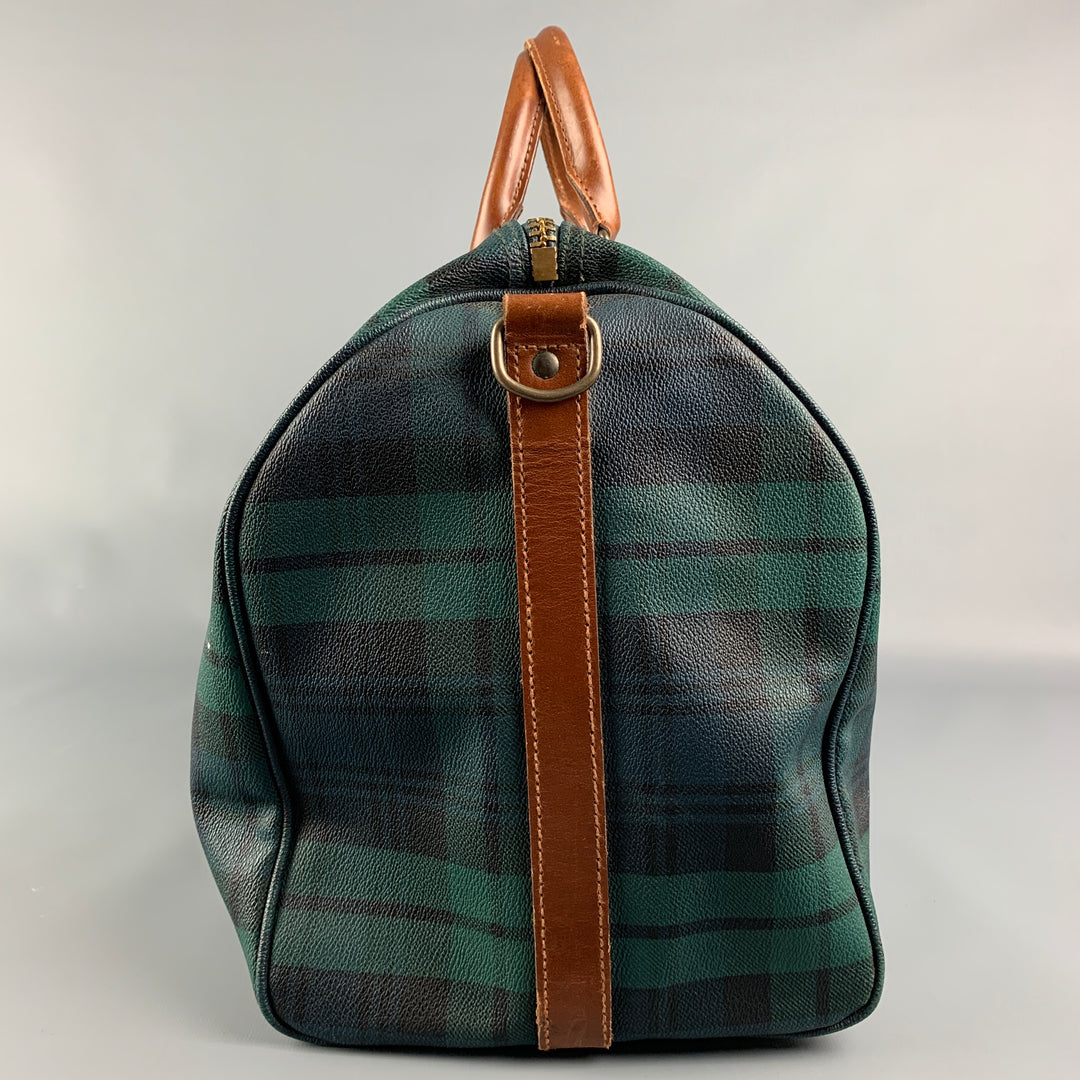 Vintage RALPH LAUREN Green & Black Tan Blackwatch Coated Canvas Weekender Bag