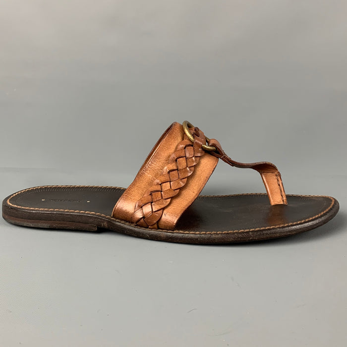 TOM FORD Size 10 Tan Braided Leather T-strap Sandals