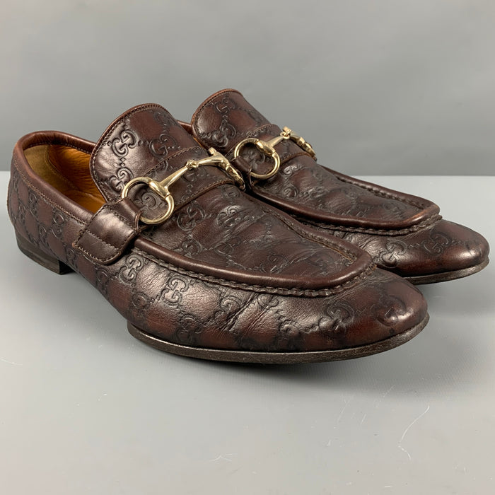 GUCCI Size 10.5 Brown Monogram Leather Vintage Loafers