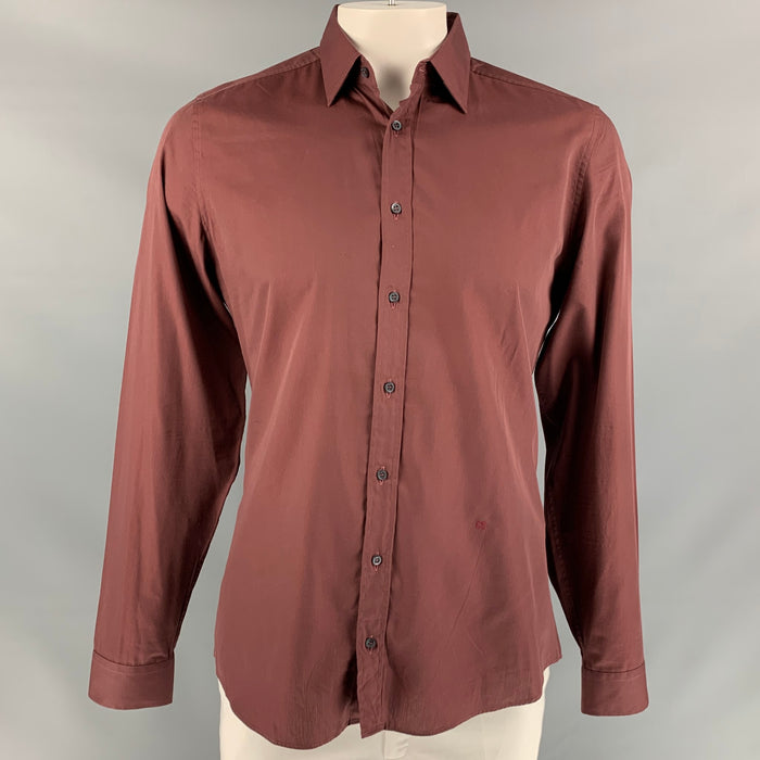 GUCCI Size L Brown Cotton / Silk Slim Fit Long Sleeve Shirt