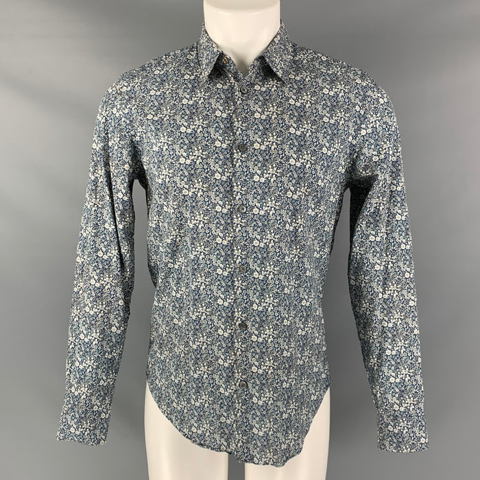 PAUL SMITH Talla M Camisa de manga larga de algodón floral azul blanco