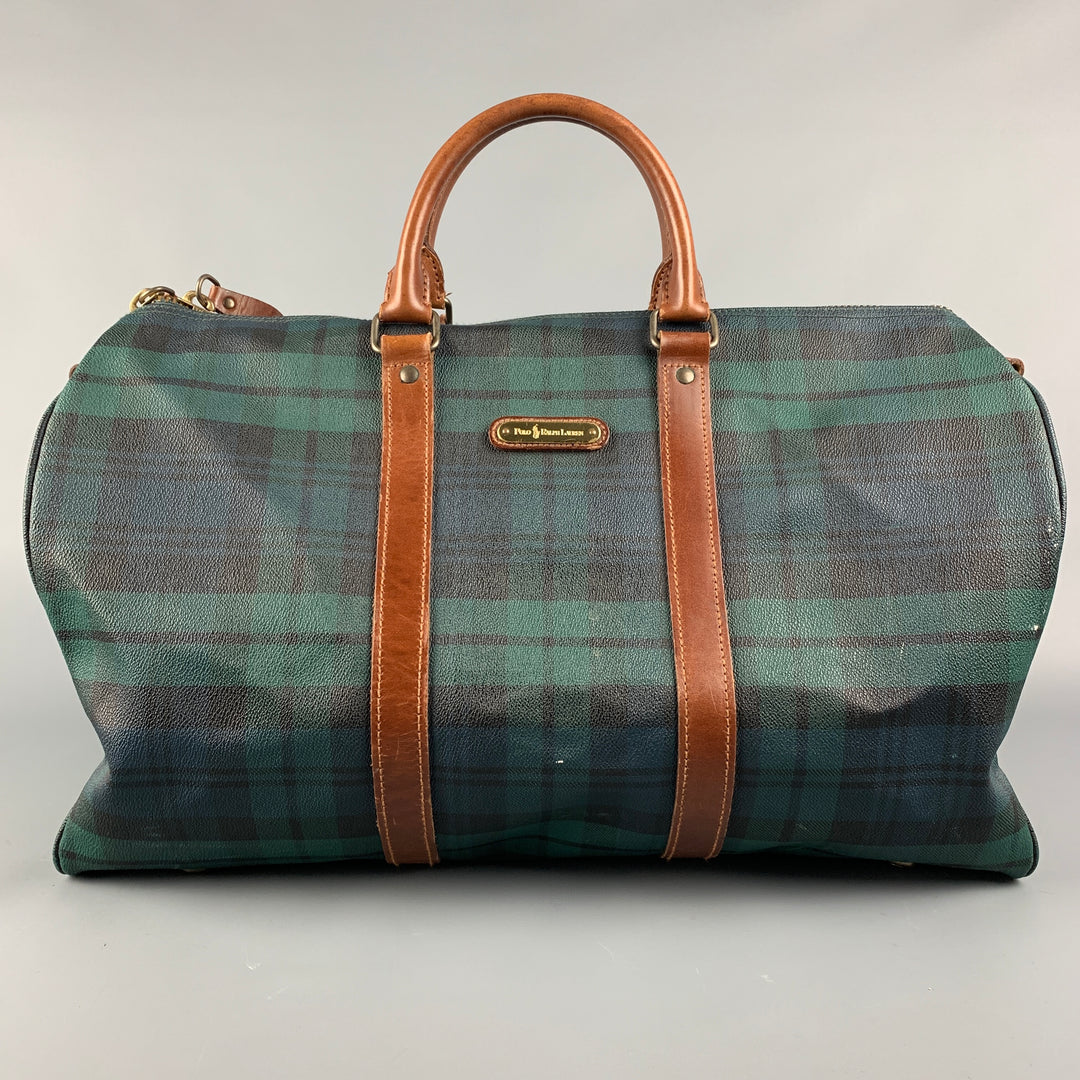 Vintage RALPH LAUREN Green & Black Tan Blackwatch Coated Canvas Weekender Bag