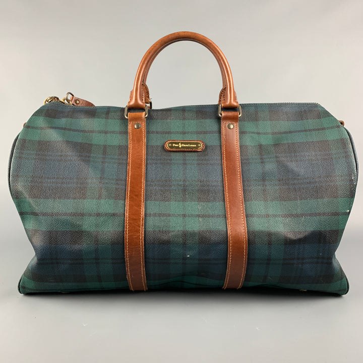 Vintage RALPH LAUREN Green & Black Tan Blackwatch Coated Canvas Weekender Bag