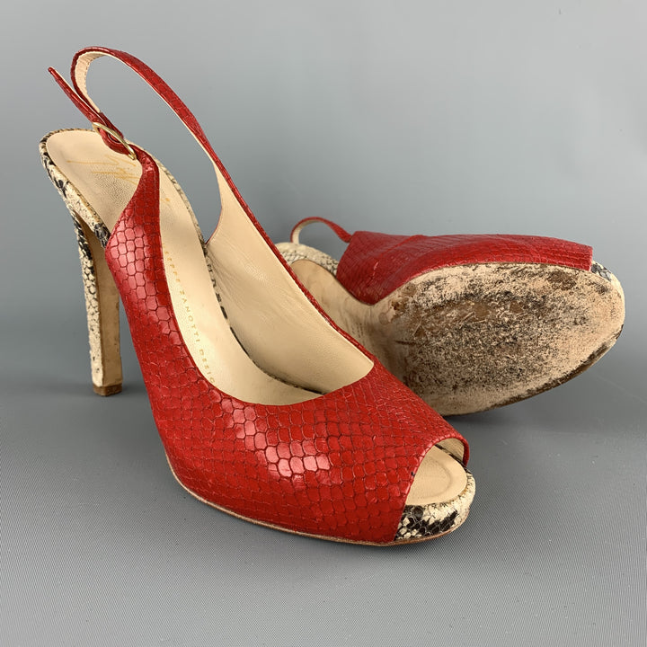 GIUSEPPE ZANOTTI Size 8 Red & Beige Snake Skin Slingback Peep Toe Pumps