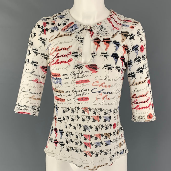 CHANEL Size S Off White Multi-Color Modal Vintage Font Print 3/4 Sleeves Top