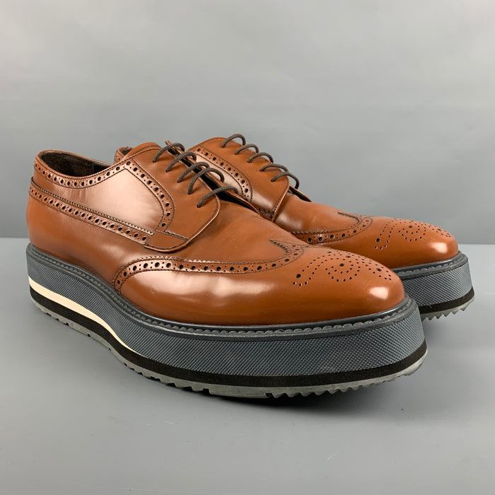 PRADA Size 10.5 Tan Perforated Leather Wingtip Lace Up Shoes