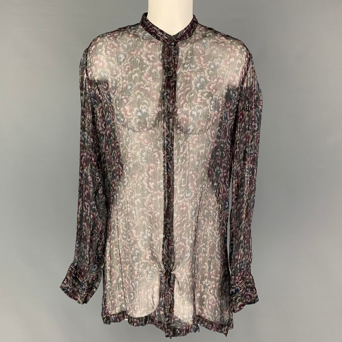 DRIES VAN NOTEN Size 6 Purple Black Silk Metallic Silver Blouse
