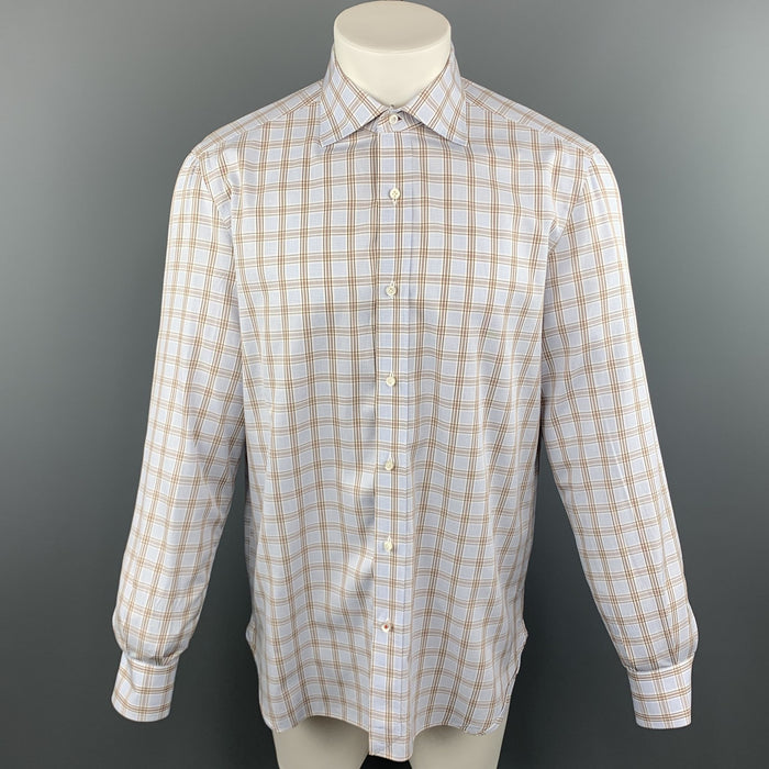 ISAIA Size M Blue & Brown Stripe Cotton Button Up Long Sleeve Shirt