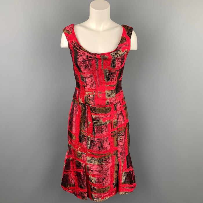 CAROLINA HERRERA Size 8 Red Jacquard Silk Tulip Cocktail Dress