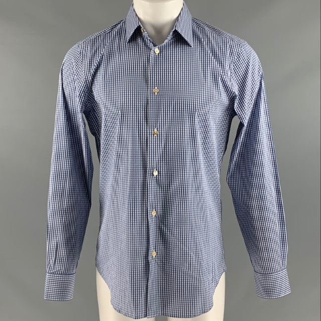 PAUL SMITH Talla M Camisa Manga Larga Vichy Algodón Elastano Azul Blanco