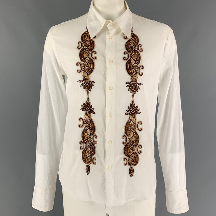JUST CAVALLI Size XL White Brown Beaded Cotton Button Up Long Sleeve Shirt