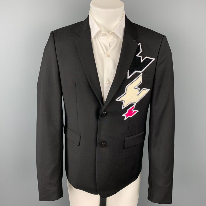 KRIS VAN ASSCHE Size 40 Black Patches Wool Notch Lapel Sport Coat