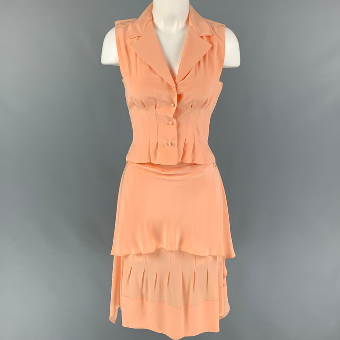 CHANEL AJ508 03P Talla 4 Conjunto de falda con solapa de muesca de seda salmón