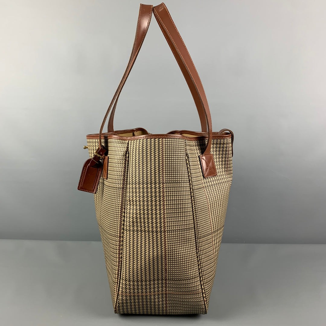 Vintage RALPH LAUREN Beige Brown Plaid Leather Trim Canvas Tote Bag