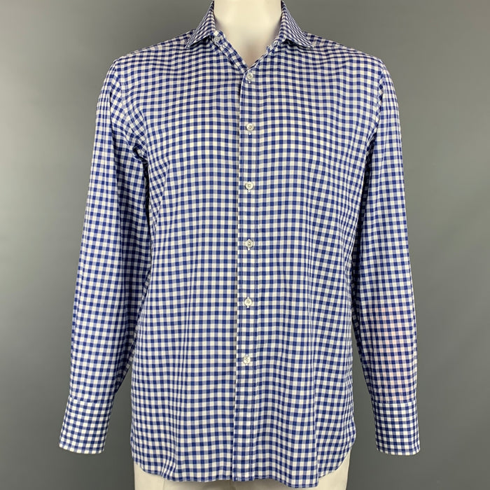 TOM FORD Size XL Blue & White Checkered Cotton Button Up Long Sleeve Shirt