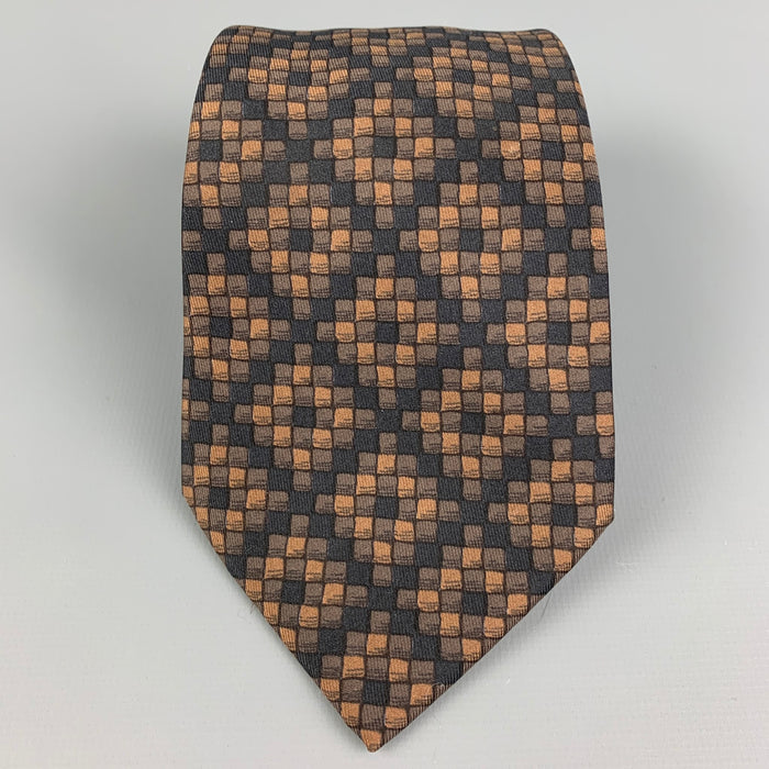 HERMES 398 EA Brown & Black Checkered Silk Tie