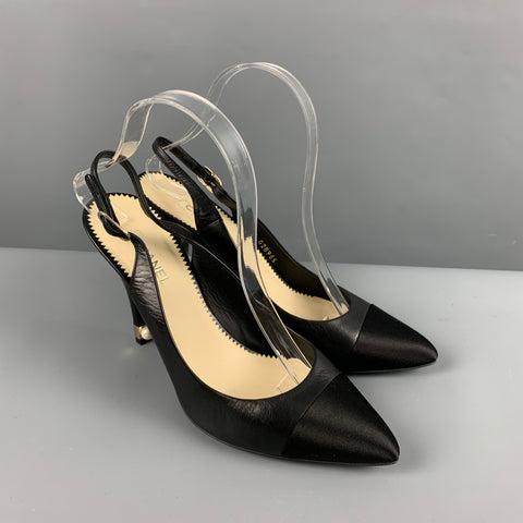 CHANEL Size 9 Black Leather Slingback Pumps