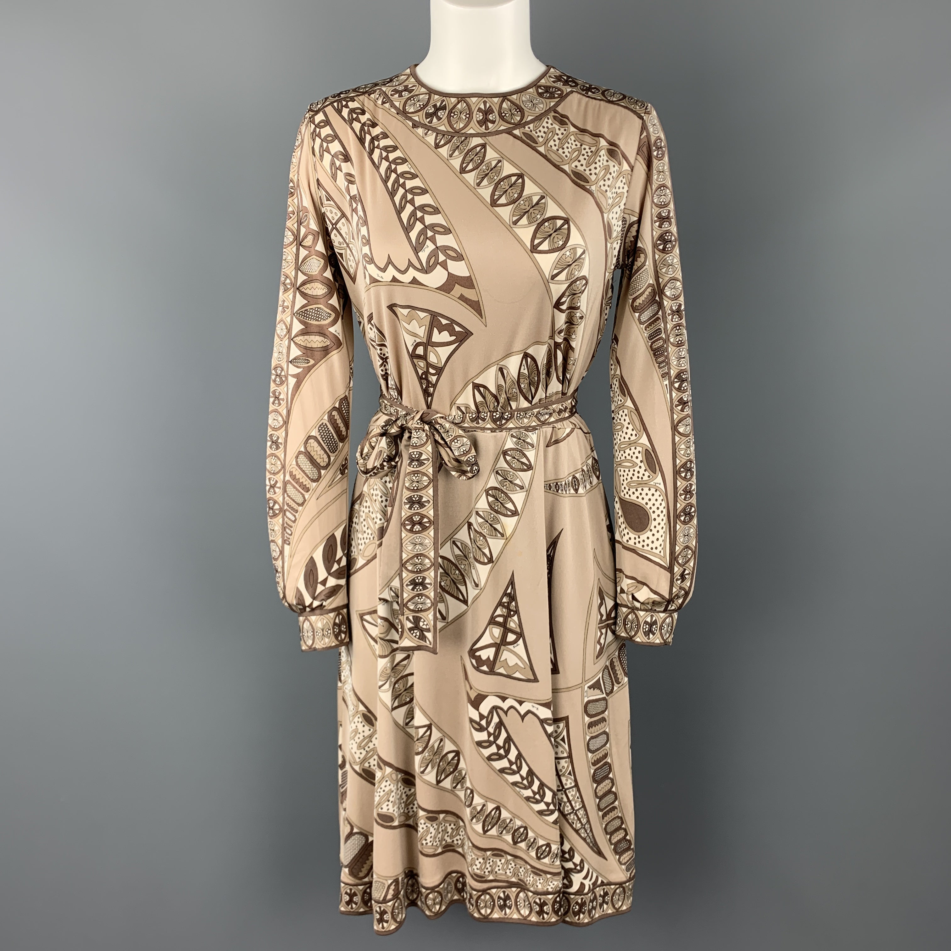 EMILIO PUCCI Vintage Size 8 Taupe Print Silk Long Sleeve Shift Dress Sui Generis Designer Consignment EMILIO PUCCI Vintage Size 8 Taupe Print Silk Long Sleeve Shift Dress Sui Generis Designer Consignment