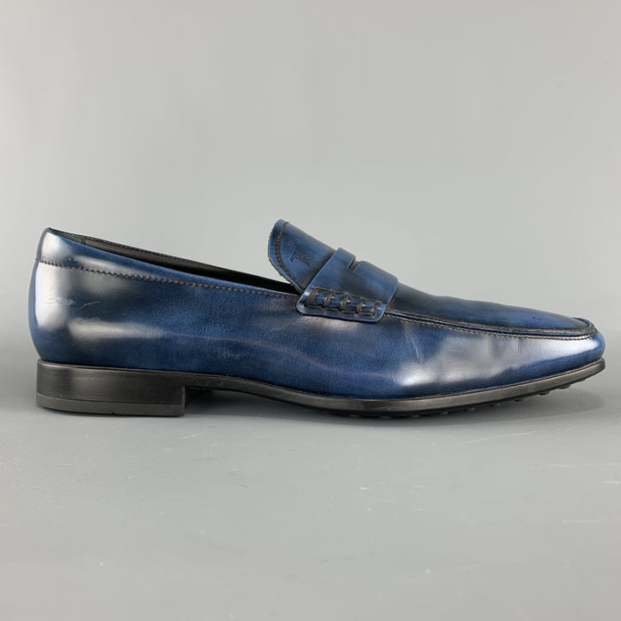 TOD'S Size 10 Blue Antique Leather Slip On Penny Loafers