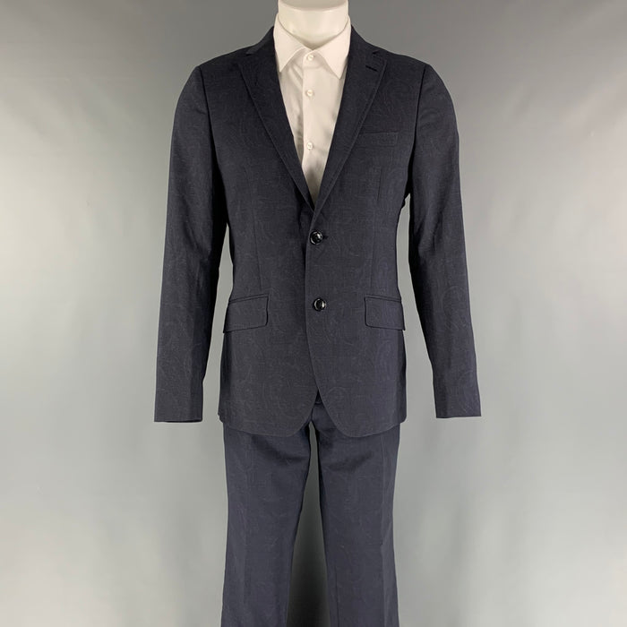 ETRO Size 38 Navy Paisley Wool Elastane Notch Lapel 32 31 Suit