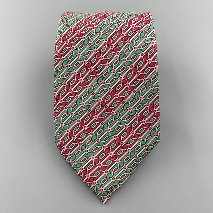 HERMES Green & Burgundy Gray Striped Pattern Silk Tie 974 SA