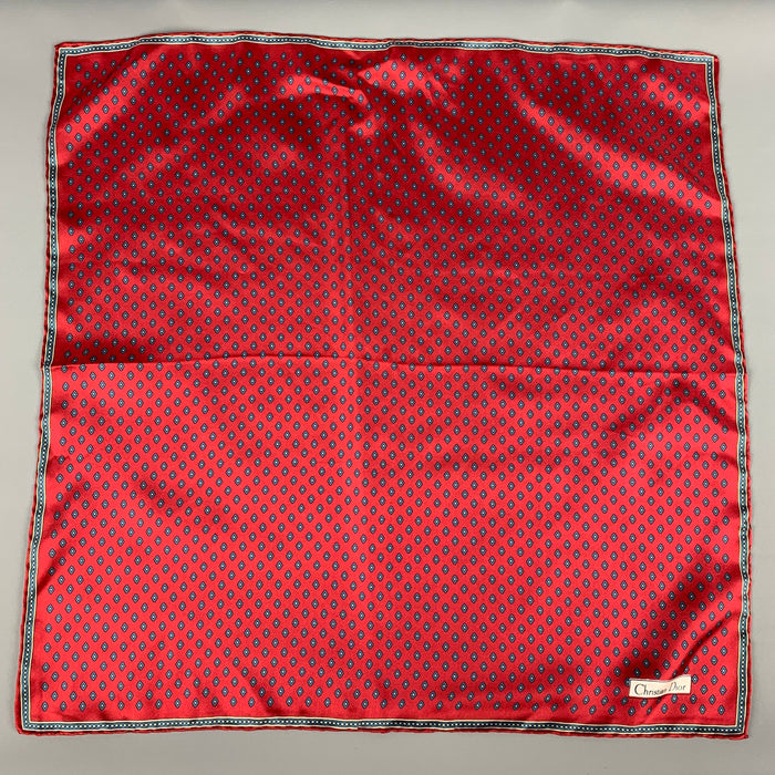 CHRISTIAN DIOR Red Navy Square Silk Satin Pocket Square