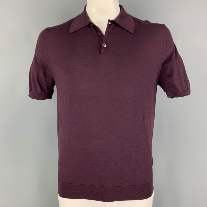 PRADA Size L Eggplant Knitted Wool Buttoned Polo