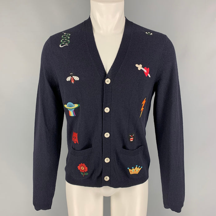 GUCCI Size L Navy Embroidery Wool V-Neck Cardigan