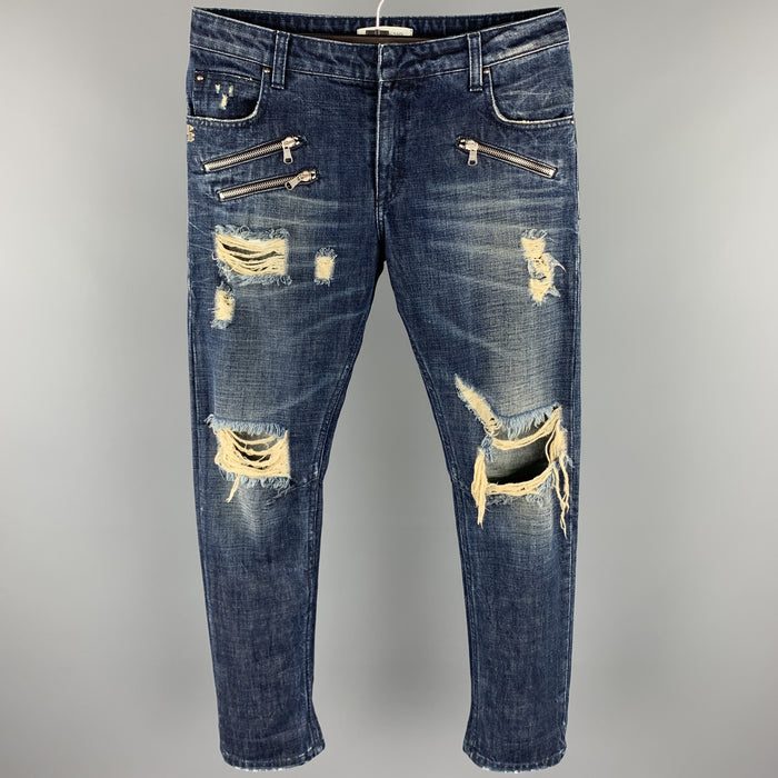 PIERRE BALMAIN Size 30 Indigo Distressed Denim Zip Fly Jeans