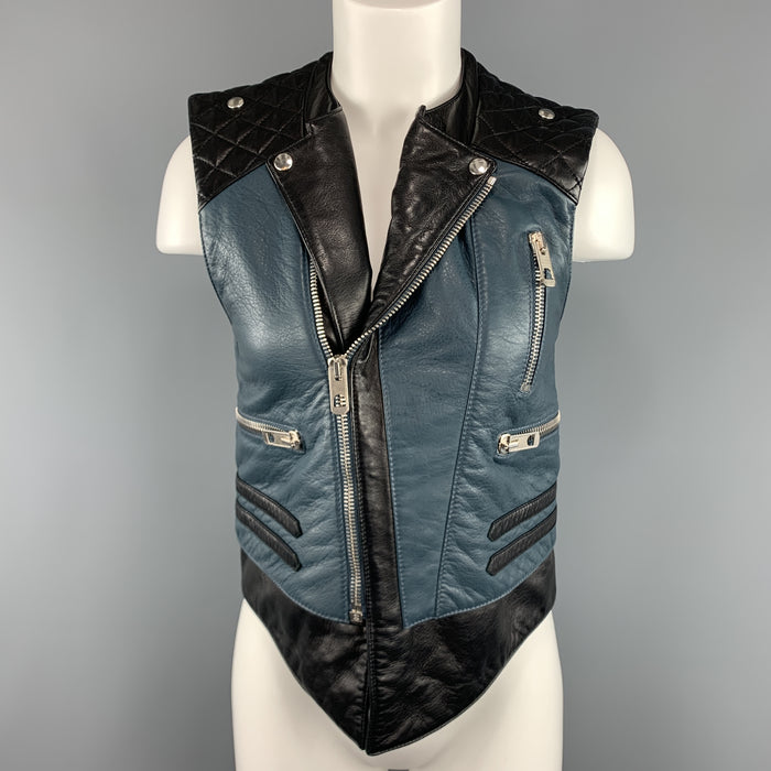 BALENCIAGA Size 8 Black & Teal Blue Quilted Leather Biker Vest
