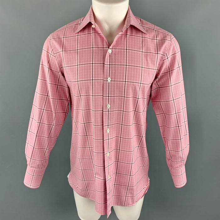 TOM FORD Size M Pink Plaid Cotton Spread Collar Button Up Long Sleeve Shirt