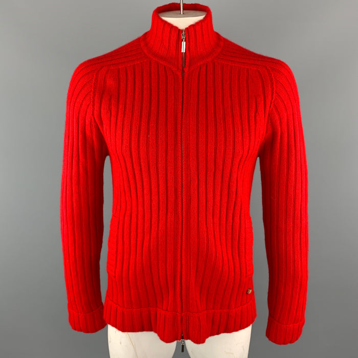 MOSCHINO Size XL Red Ribbed Cashmere High Collar Slit Pockets Zip Up Pullover Sweater