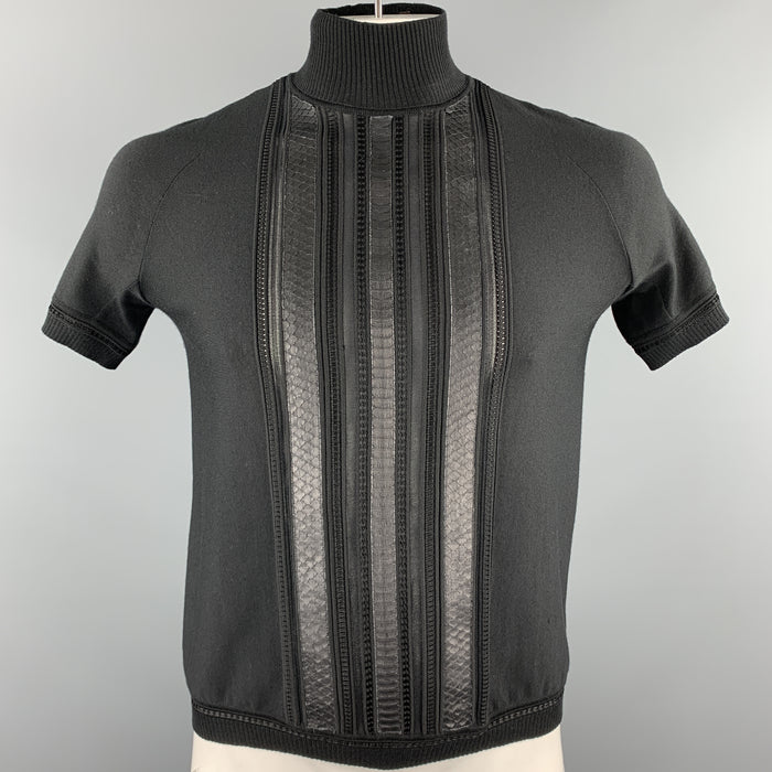 ROBERTO CAVALLI Size M Black Wool Blend Snakeskin Trim Short Sleeve Pullover