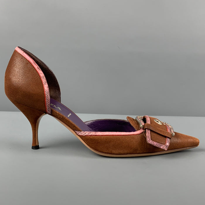 PRADA Size 6 Brown Rose Leather Pointed Toe Pumps