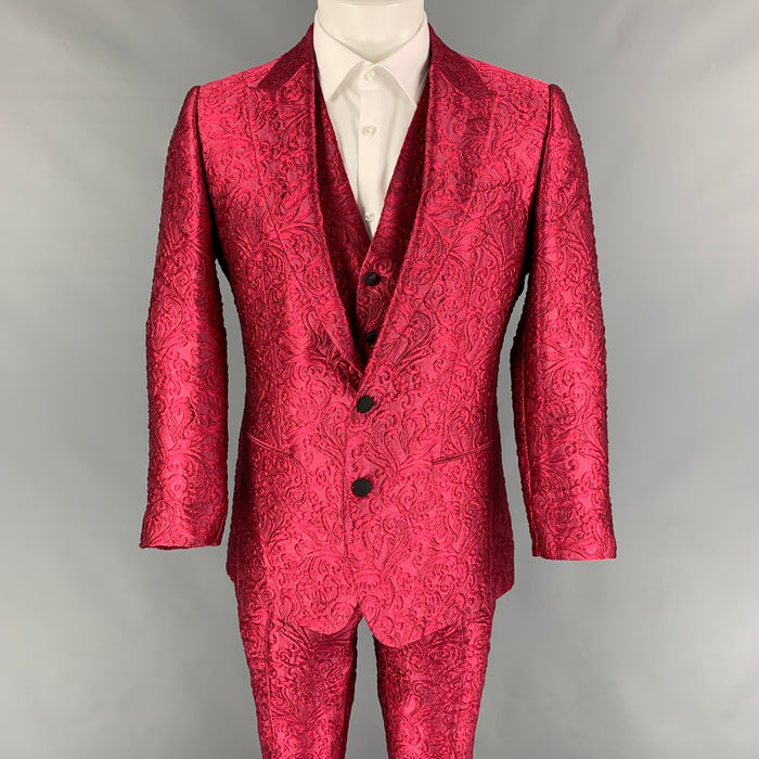 DOLCE & GABBANA SICILIA Talla 38 R Traje de 3 piezas en mezcla de seda y poliéster con brocado rosa