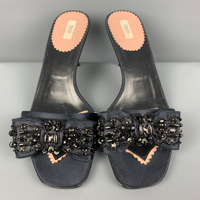 PRADA Size 6.5 Navy Silk Bow Mule Sandals