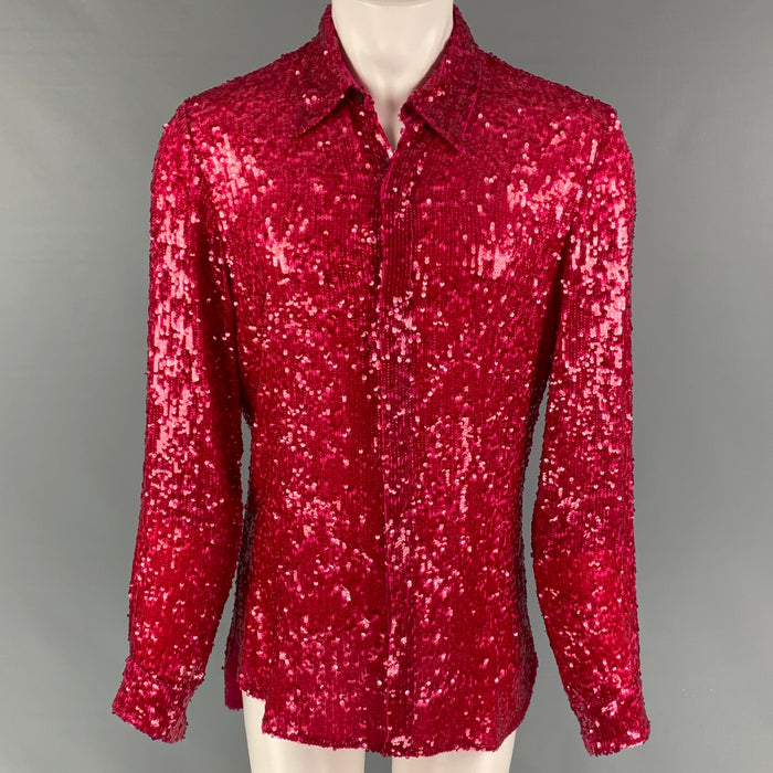 DRIES VAN NOTEN Size M Pink Sequined Viscose Hidden Placket Long Sleeve Shirt