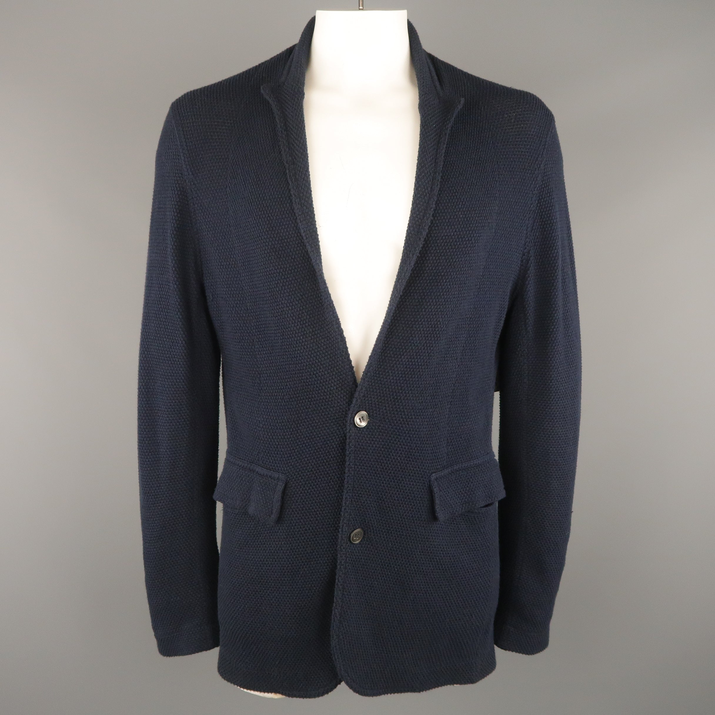 ADAM KIMMEL L Navy Textured Cotton Peak Lapel Cardigan Jacket 