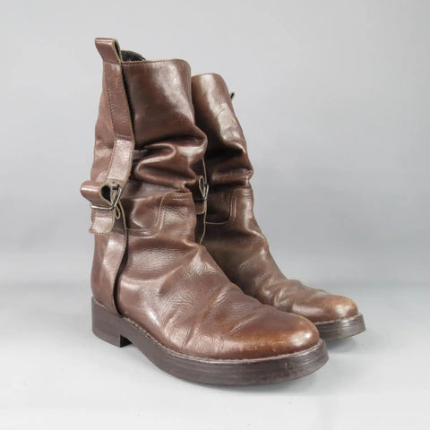 ANN DEMEULEMEESTER Size 7.5 Brown Distressed Leather Workman Belt Boots ANN DEMEULEMEESTER